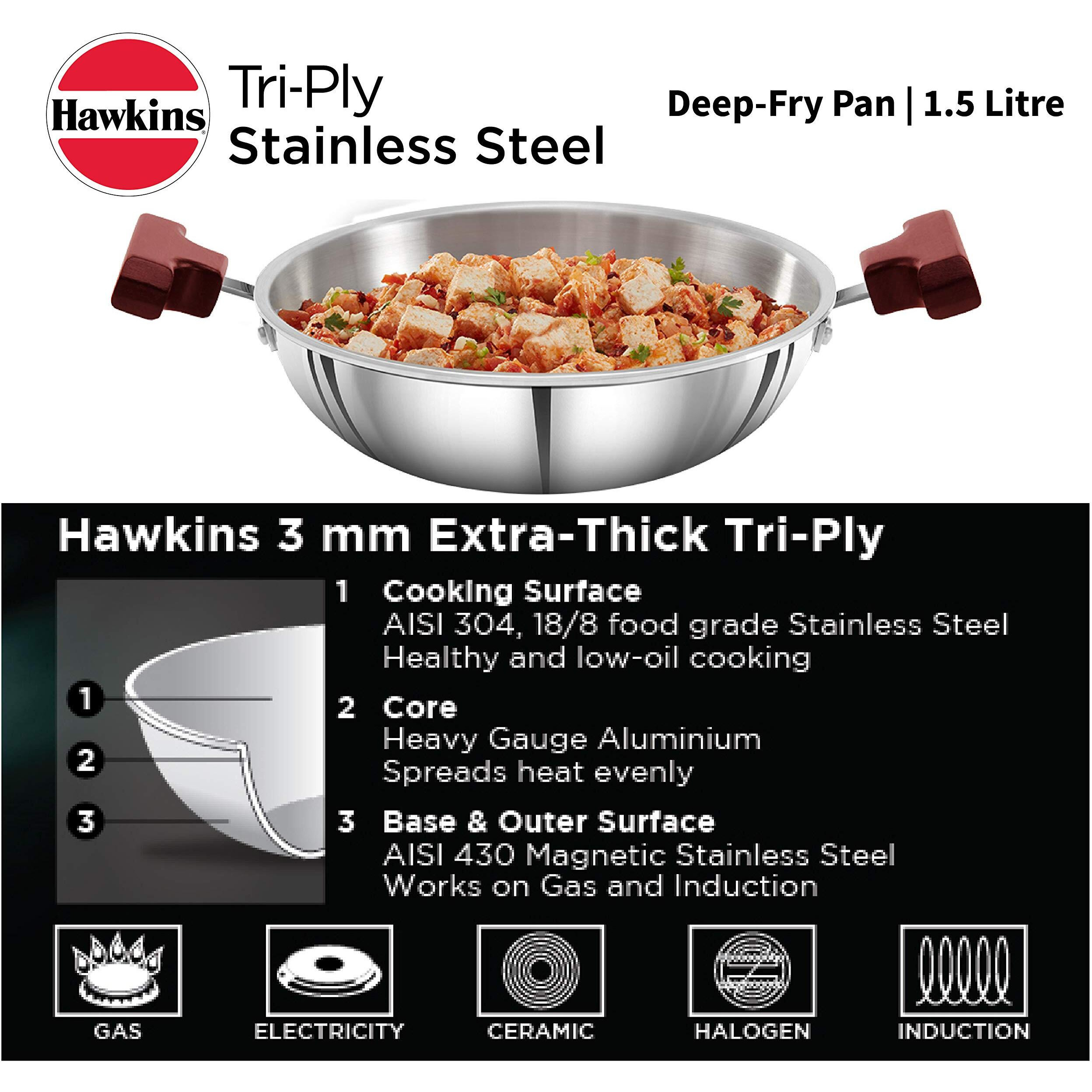 Hawkins 1.5 Litre Deep Fry Pan, Triply Stainless Steel Kadai, Flat Bottom Induction Kadhai, Small Kadai, Silver (SSD15)