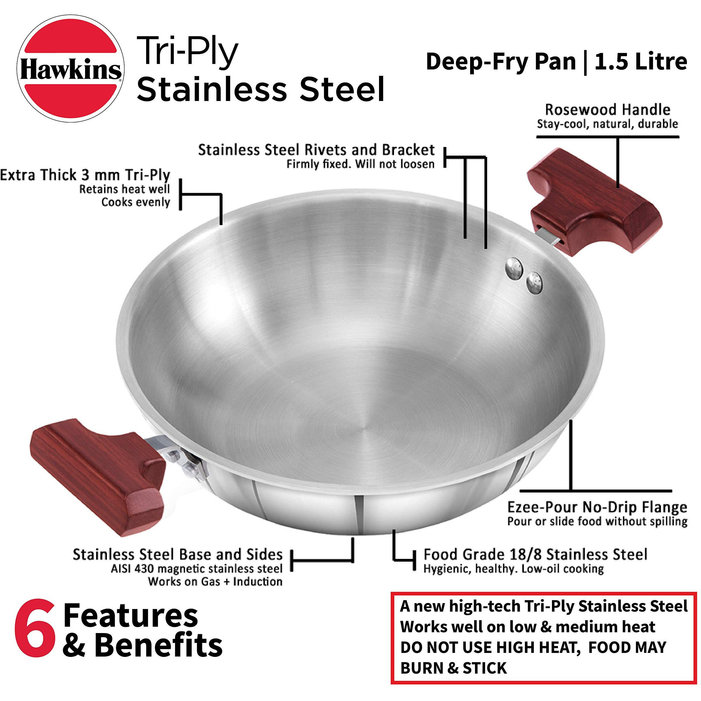 Hawkins 1.5 Litre Deep Fry Pan, Triply Stainless Steel Kadai, Flat Bottom Induction Kadhai, Small Kadai, Silver (SSD15)