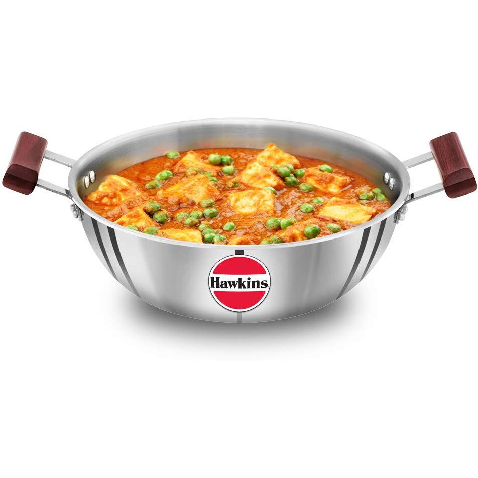 Hawkins 4 Litre Deep Kadhai, Triply Stainless Steel Kadai, Flat Bottom Induction Kadhai, Big Kadai, Silver (SSK40)