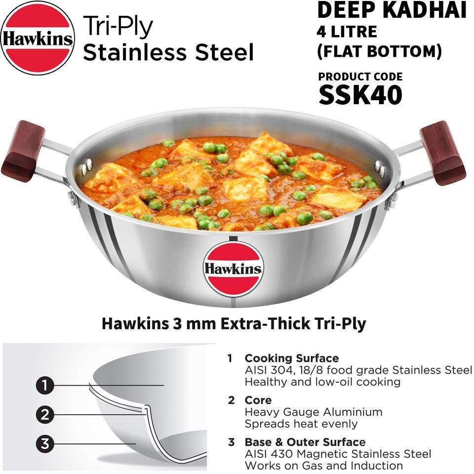 Hawkins 4 Litre Deep Kadhai, Triply Stainless Steel Kadai, Flat Bottom Induction Kadhai, Big Kadai, Silver (SSK40)