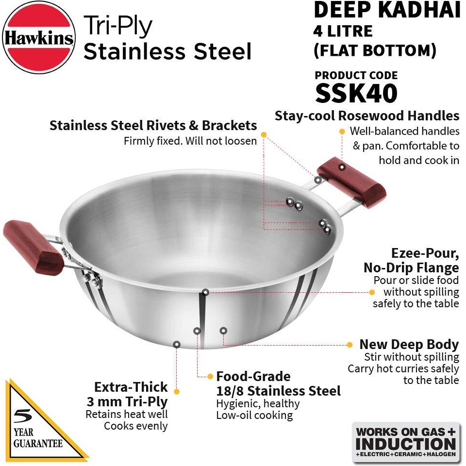 Hawkins 4 Litre Deep Kadhai, Triply Stainless Steel Kadai, Flat Bottom Induction Kadhai, Big Kadai, Silver (SSK40)