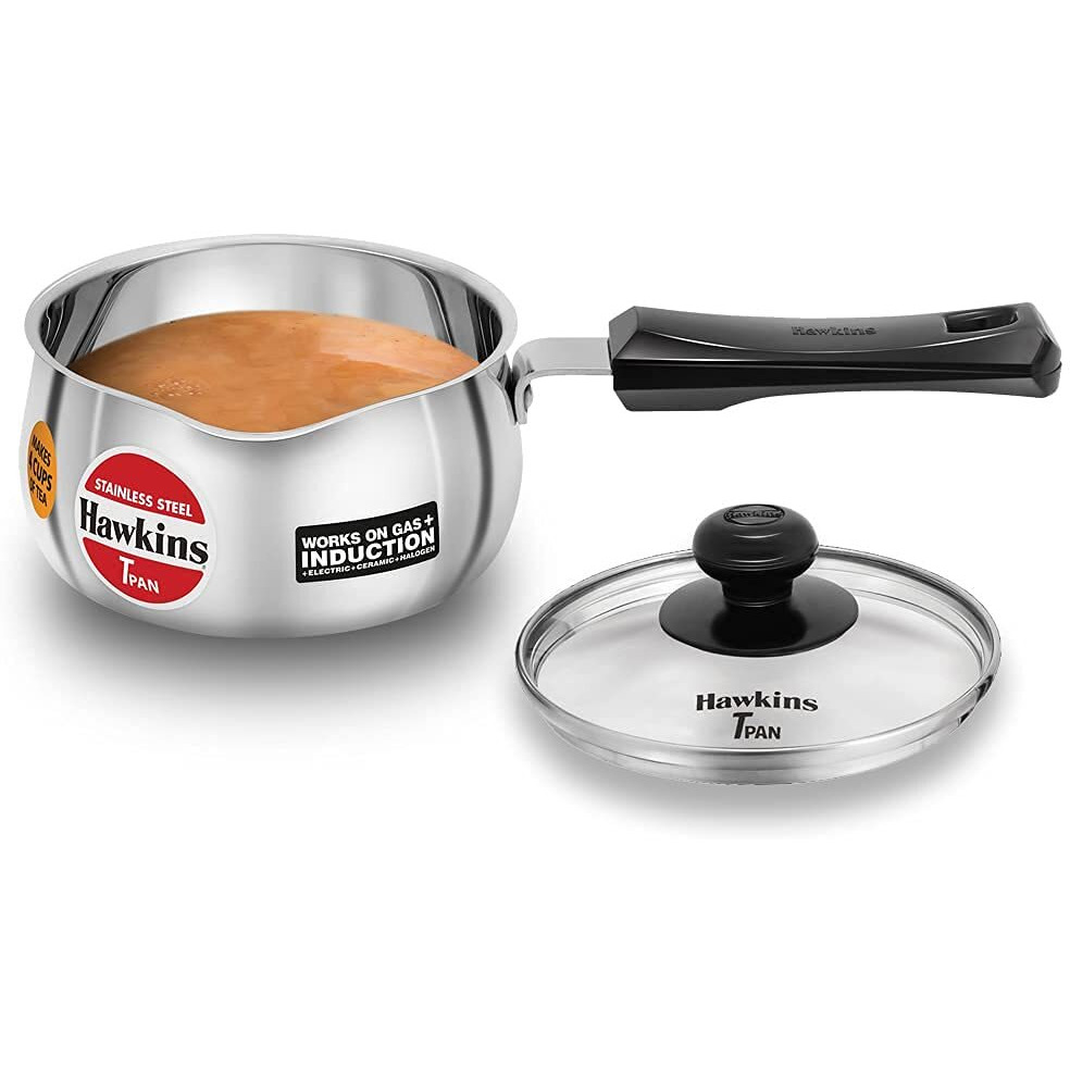 Hawkins 1 Litre Tpan, Stainless Steel Tea Pan with Glass Lid, Induction Sauce Pan, Chai Pan, Small Pan, Silver (SST10G)