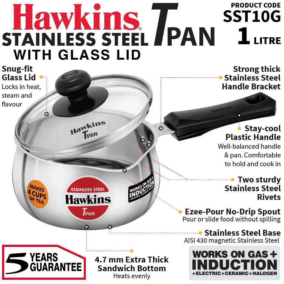 Hawkins 1 Litre Tpan, Stainless Steel Tea Pan with Glass Lid, Induction Sauce Pan, Chai Pan, Small Pan, Silver (SST10G)