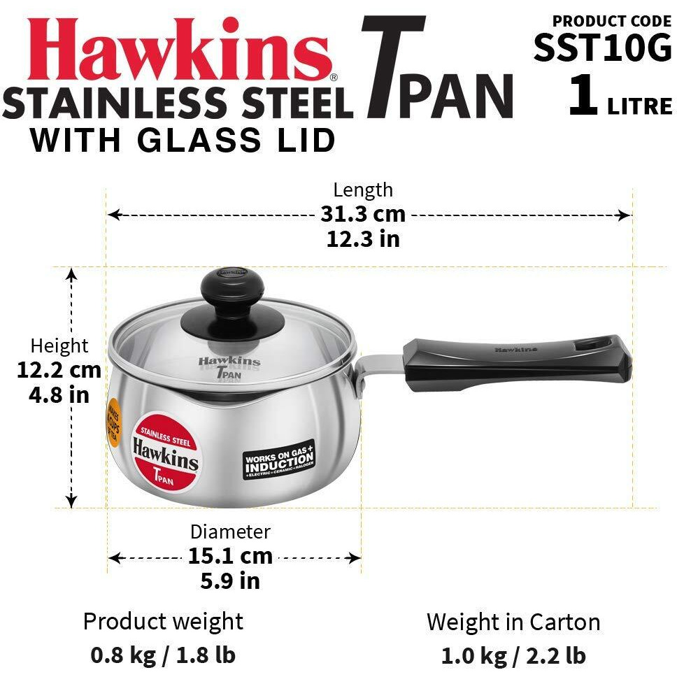 Hawkins 1 Litre Tpan, Stainless Steel Tea Pan with Glass Lid, Induction Sauce Pan, Chai Pan, Small Pan, Silver (SST10G)