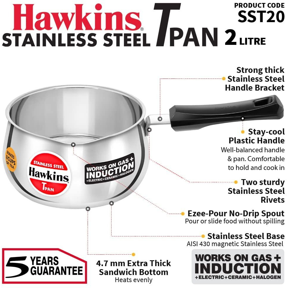 Hawkins 2 Litre Tpan, Stainless Steel Tea Pan, Induction Sauce Pan, Chai Pan, Saucepan, Silver (SST20)