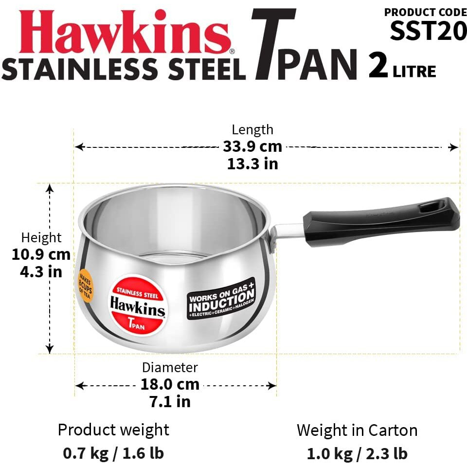 Hawkins 2 Litre Tpan, Stainless Steel Tea Pan, Induction Sauce Pan, Chai Pan, Saucepan, Silver (SST20)