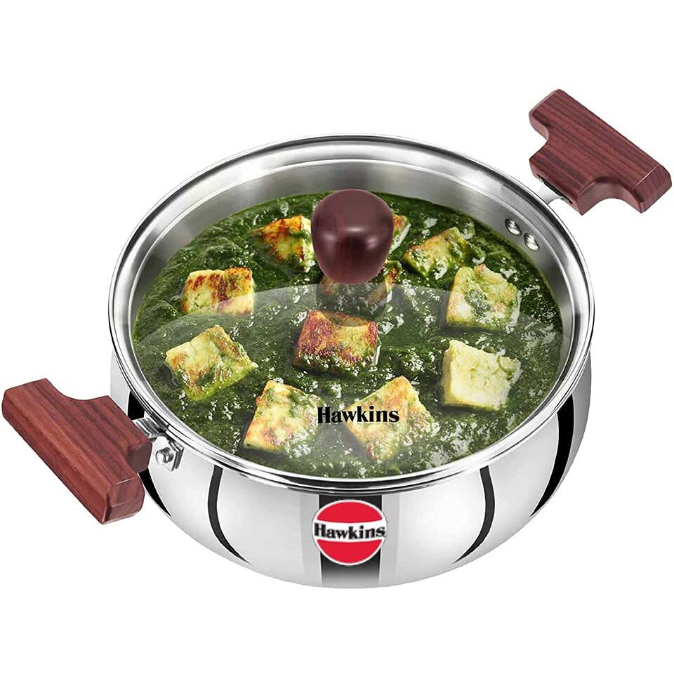 Hawkins 3 Litre Cook n Serve Handi, Triply Stainless Steel Handi with Glass Lid, Induction Sauce Pan, Biryani Handi, Saucepan, Silver (SSH30G)