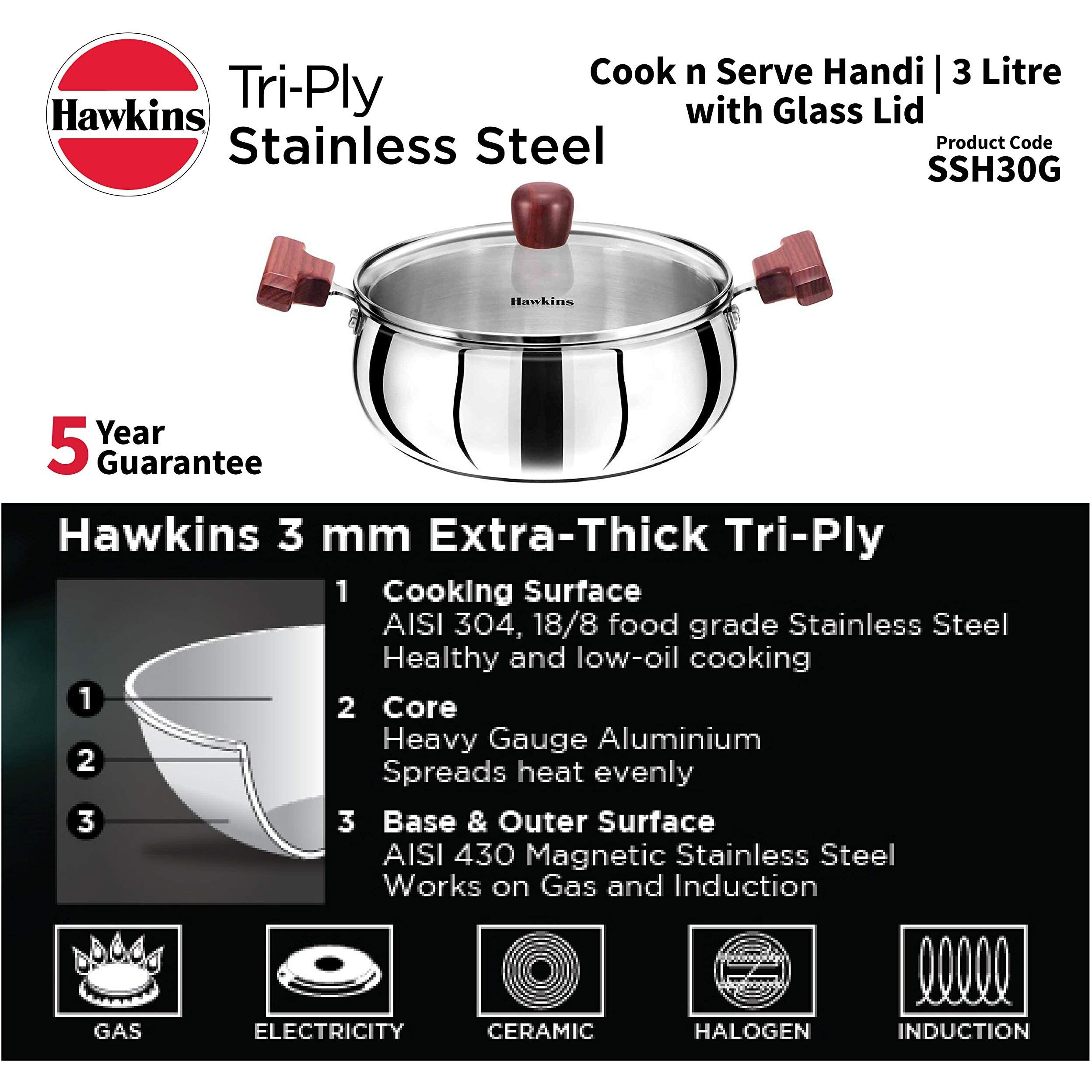 Hawkins 3 Litre Cook n Serve Handi, Triply Stainless Steel Handi with Glass Lid, Induction Sauce Pan, Biryani Handi, Saucepan, Silver (SSH30G)