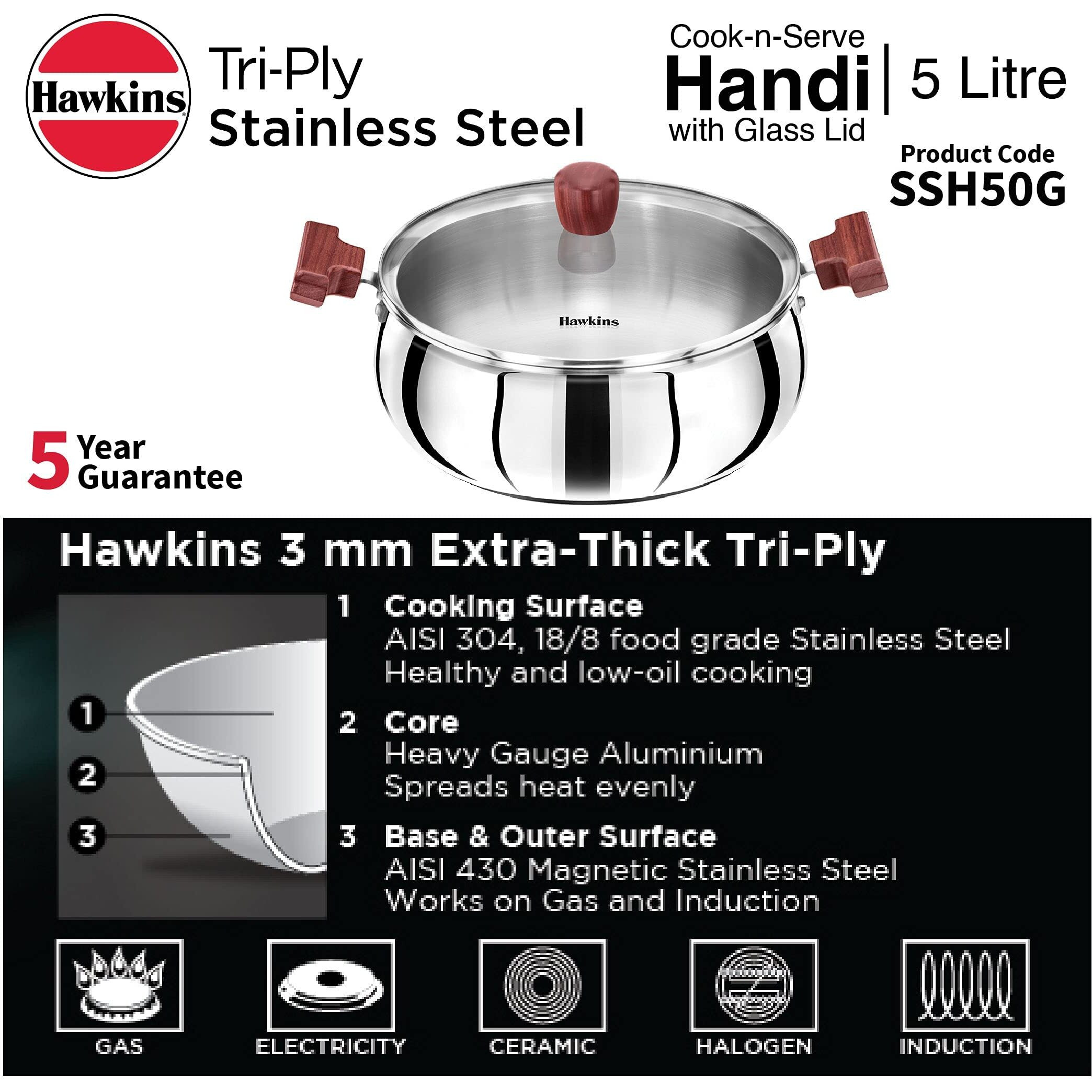 Hawkins 5 Litre Cook n Serve Handi, Triply Stainless Steel Handi with Glass Lid, Induction Sauce Pan, Biryani Handi, Saucepan, Silver (SSH50G)