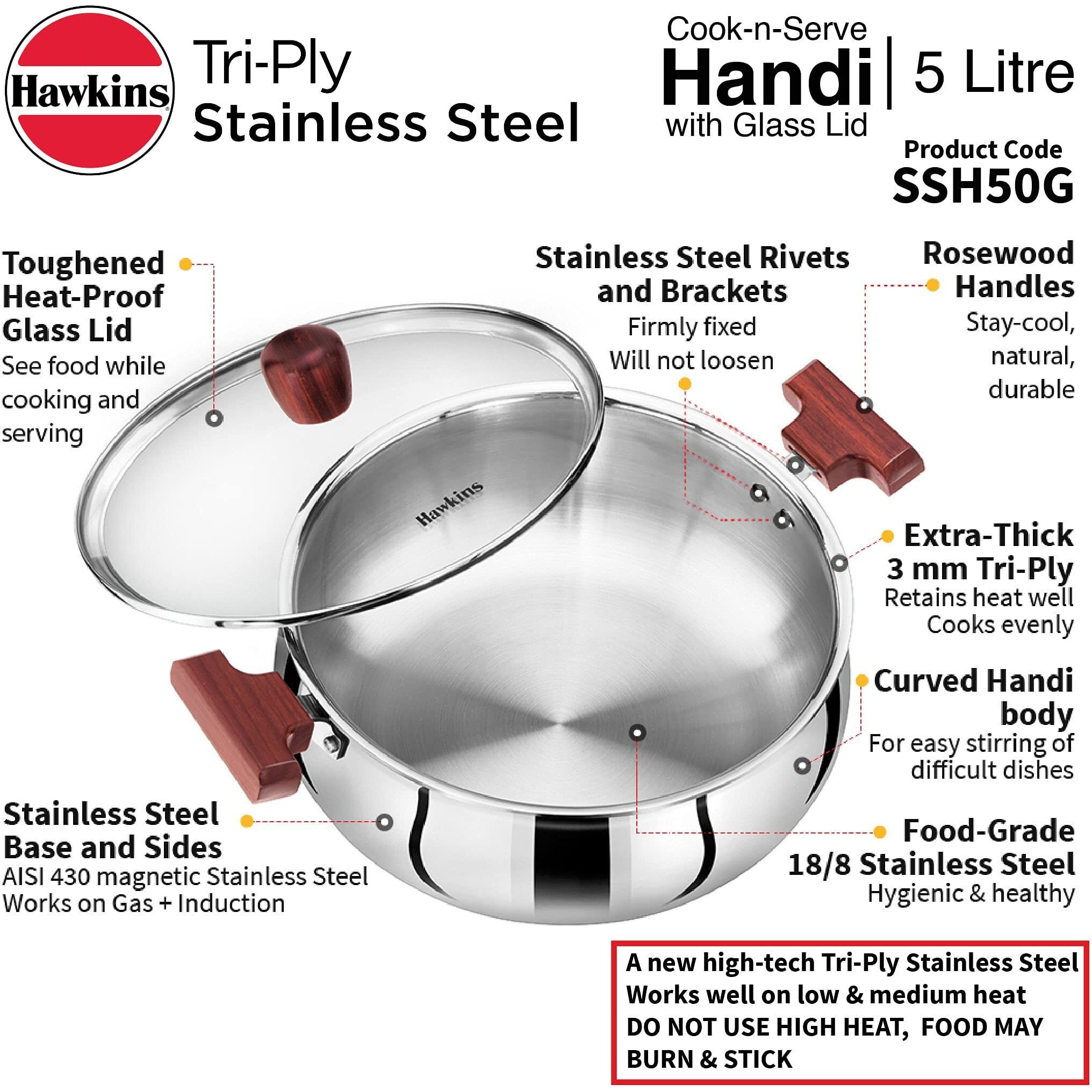 Hawkins 5 Litre Cook n Serve Handi, Triply Stainless Steel Handi with Glass Lid, Induction Sauce Pan, Biryani Handi, Saucepan, Silver (SSH50G)