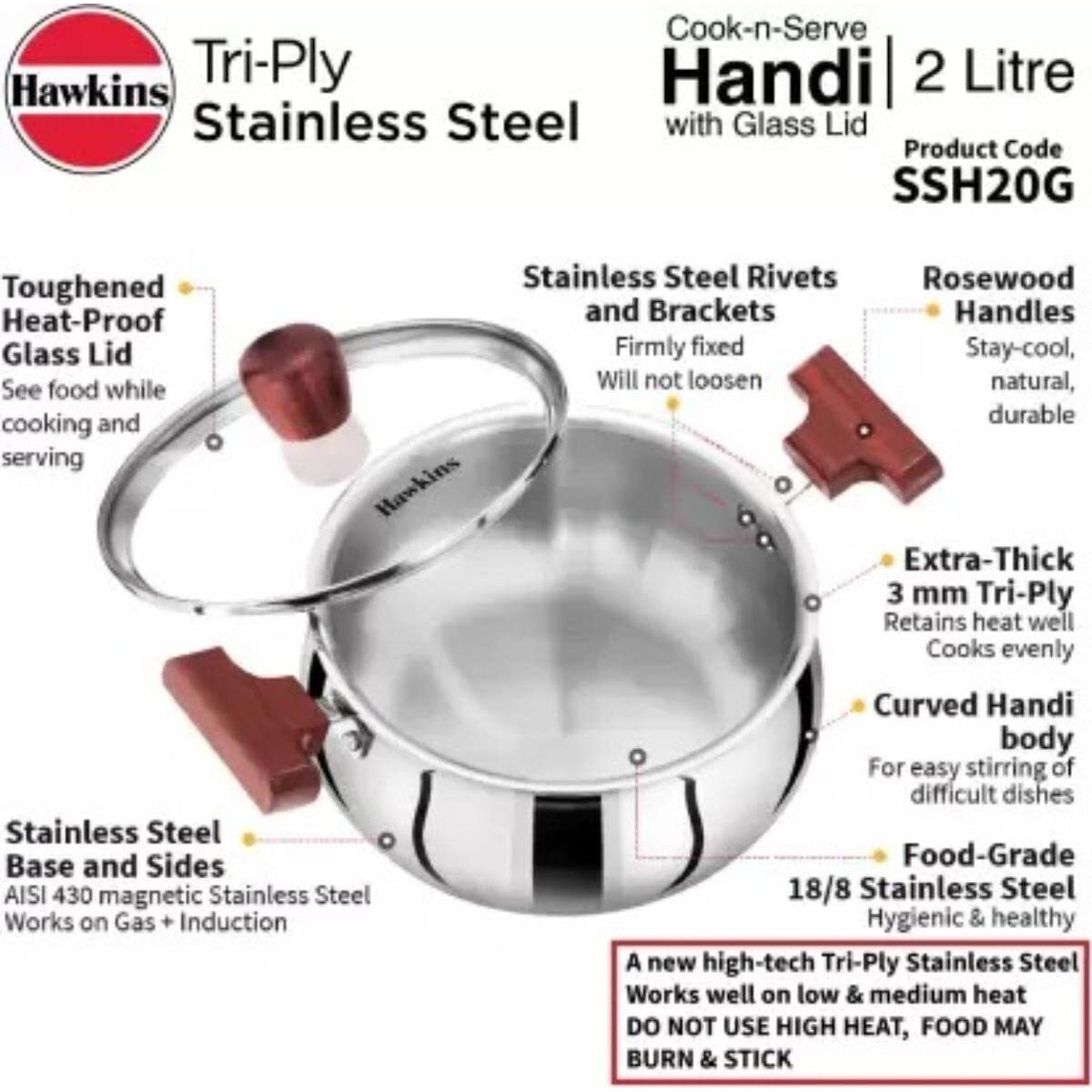 Hawkins 2 Litre Cook n Serve Handi, Triply Stainless Steel Handi with Glass Lid, Induction Sauce Pan, Biryani Handi, Saucepan, Silver (SSH20G)