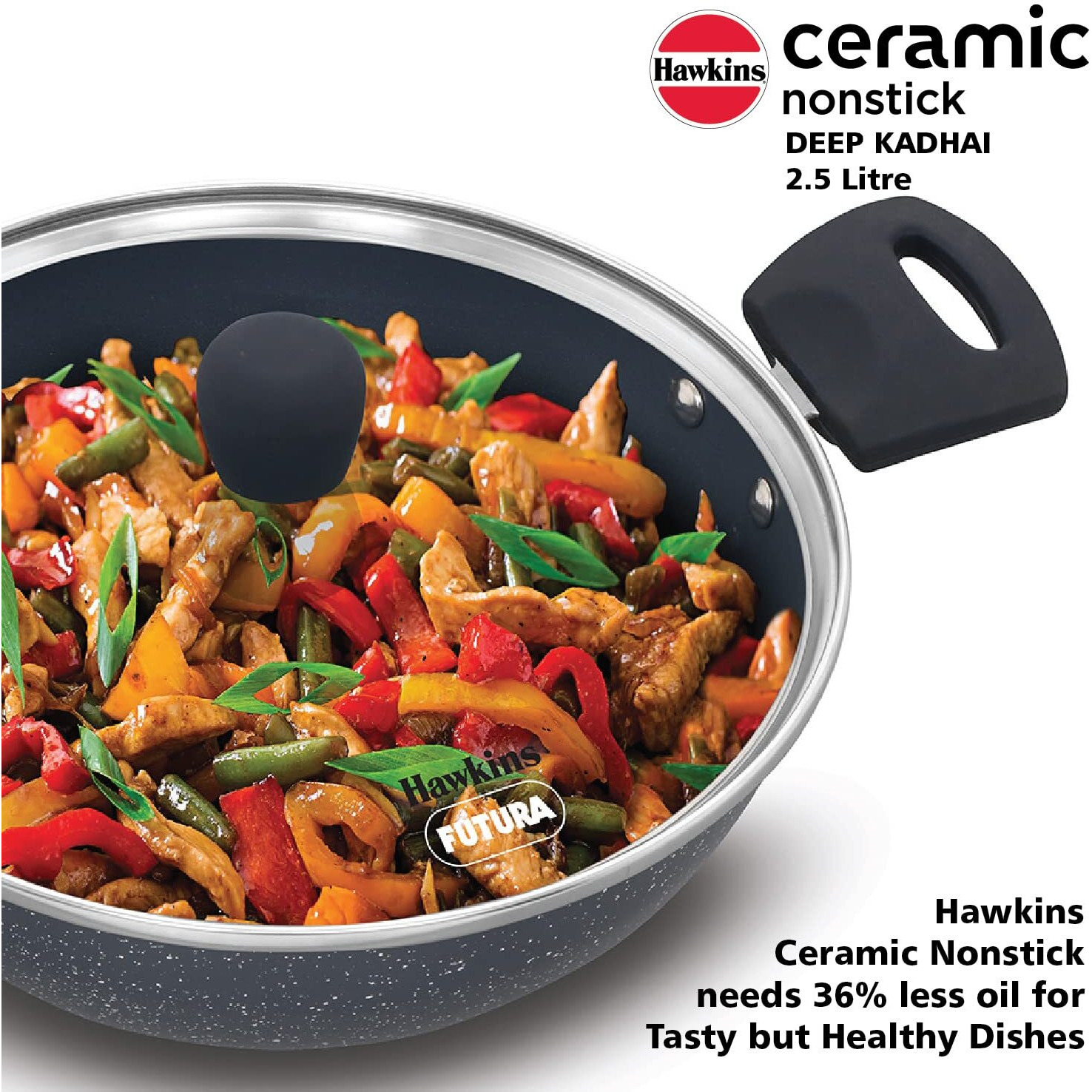 Hawkins Ceramic Nonstick 2.5 litre Deep Kadhai, Induction Deep Fry Pan with Glass Lid, Granite Kadai (ICK25G)