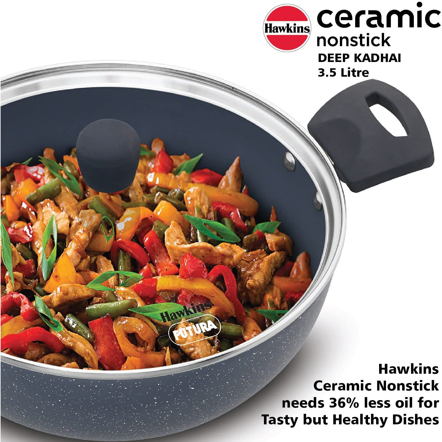 Hawkins Ceramic Nonstick 3.5 litre Deep Kadhai, Induction Deep Fry Pan with Glass Lid, Granite Kadai (ICK35G)