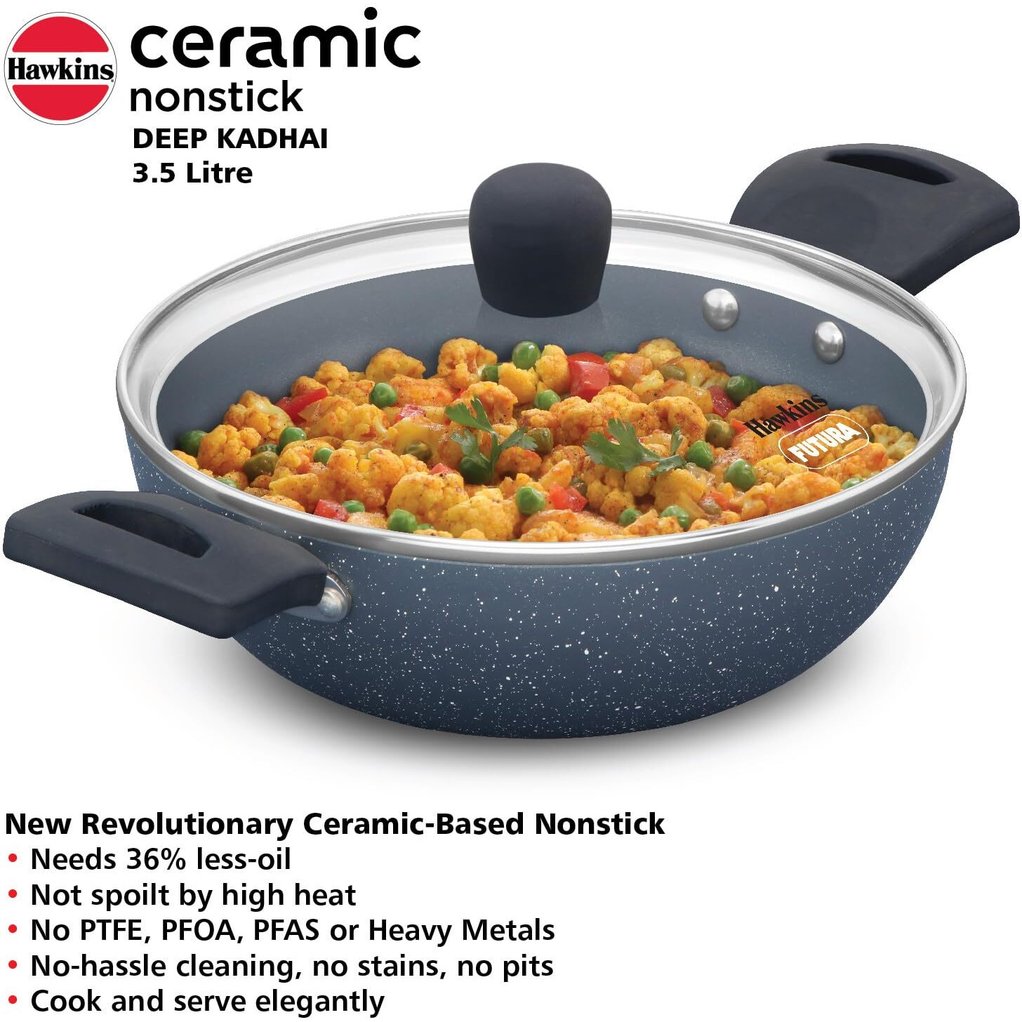 Hawkins Ceramic Nonstick 3.5 litre Deep Kadhai, Induction Deep Fry Pan with Glass Lid, Granite Kadai (ICK35G)