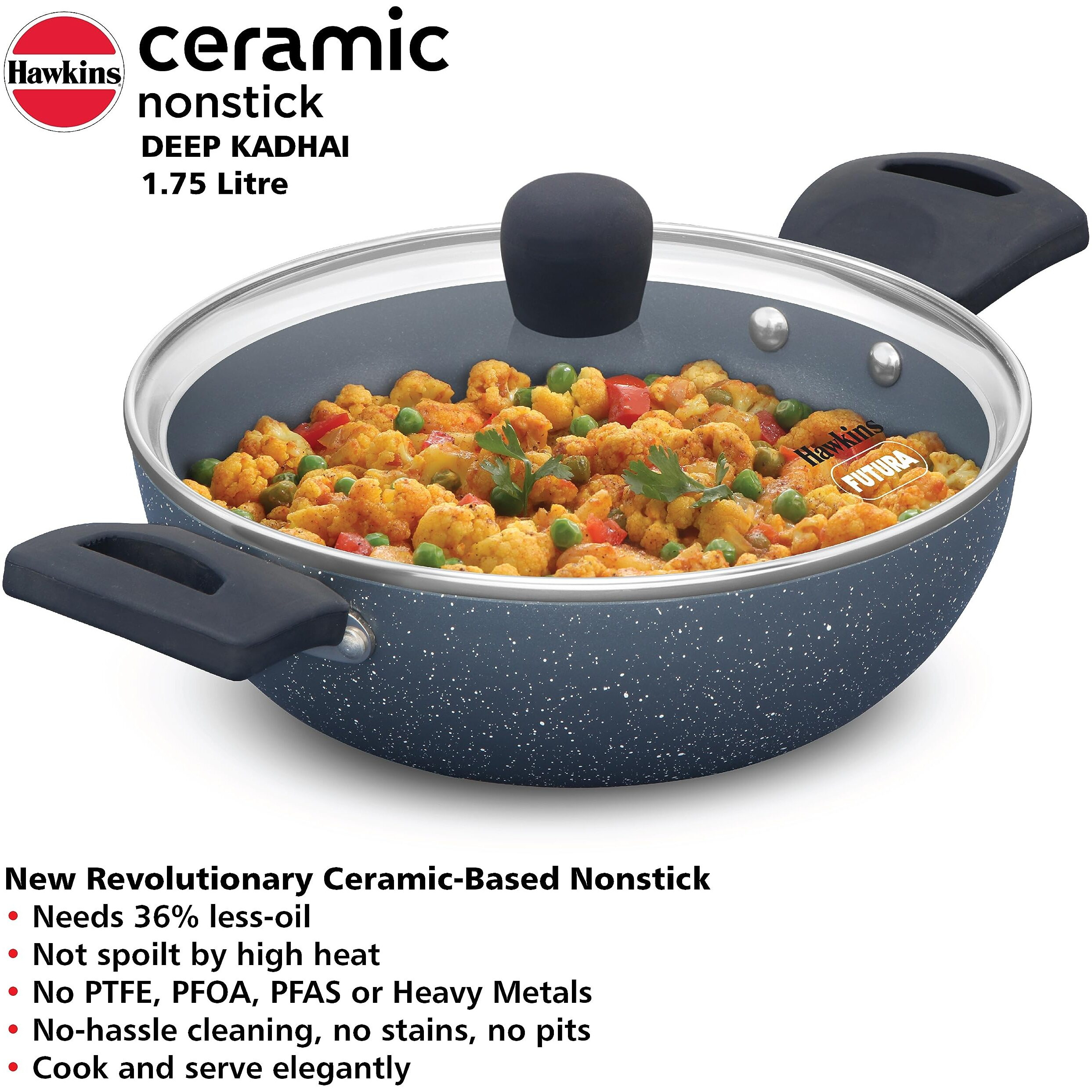 Hawkins Ceramic Nonstick 1.75 litre Deep Kadhai, Induction Deep Fry Pan with Glass Lid, Granite Kadai (ICK175G)