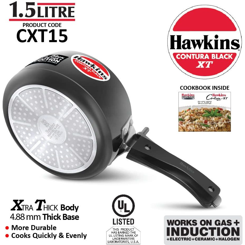 Hawkins Contura Black XT 1.5 Litre Pressure Cooker, Hard Anodised Cooker, Small Induction Cooker, Extra Thick Handi Cooker, Black (CXT15)