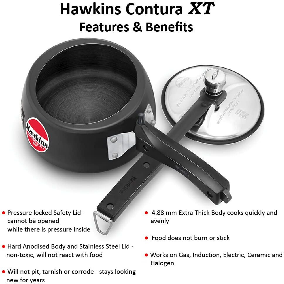 Hawkins Contura Black XT 1.5 Litre Pressure Cooker, Hard Anodised Cooker, Small Induction Cooker, Extra Thick Handi Cooker, Black (CXT15)