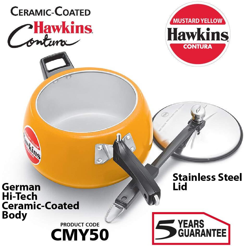 Hawkins Ceramic- Coated Contura 5L Mustard Yellow Aluminium Inner Lid Pressure Cooker