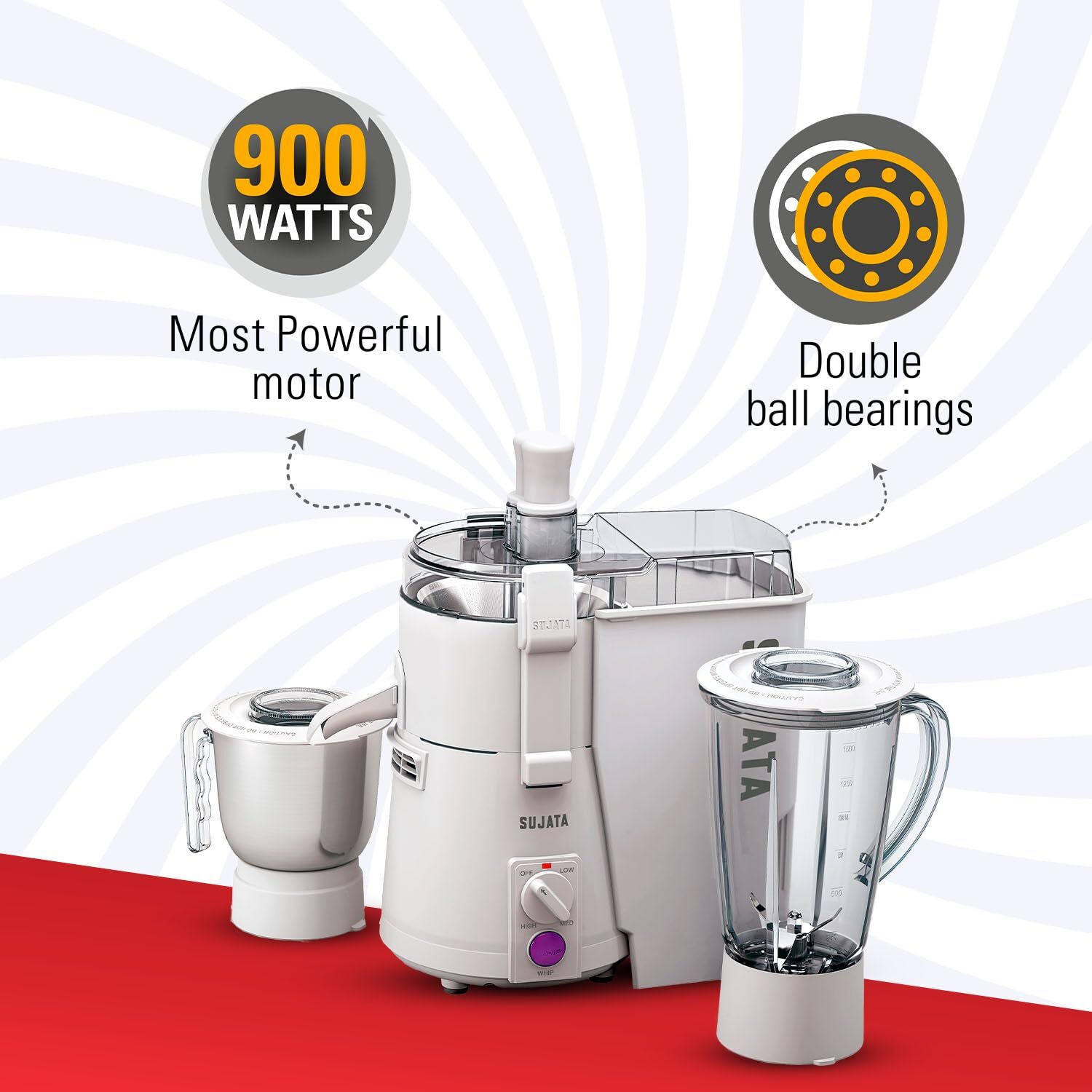 Sujata Powermatic Plus 900 Watts Juicer Mixer Grinder | 22000 Rotations Per Min | 90 Minutes Continuous Running | 2 Versatile Jars 1750 ml and 1000 ml