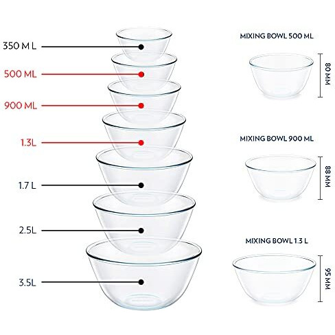 Borosil Glass Mixing & Serving Bowls, Oven & Microwave Safe Bowls, Set of 3 (500 ml, 900 ml, 1.3 L), Borosilicate Glass, Clear