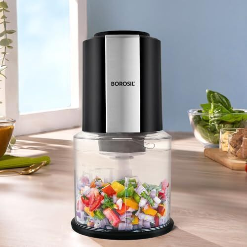 Borosil Chef Delite 300 Watts Electric Chopper for Kitchen, Twin Blade Technology, 600 ml chop-n-store plastic bowl with lid, Vegetable Chopper, Cutter, Chop, Mince, Dice, Whisk, Blend