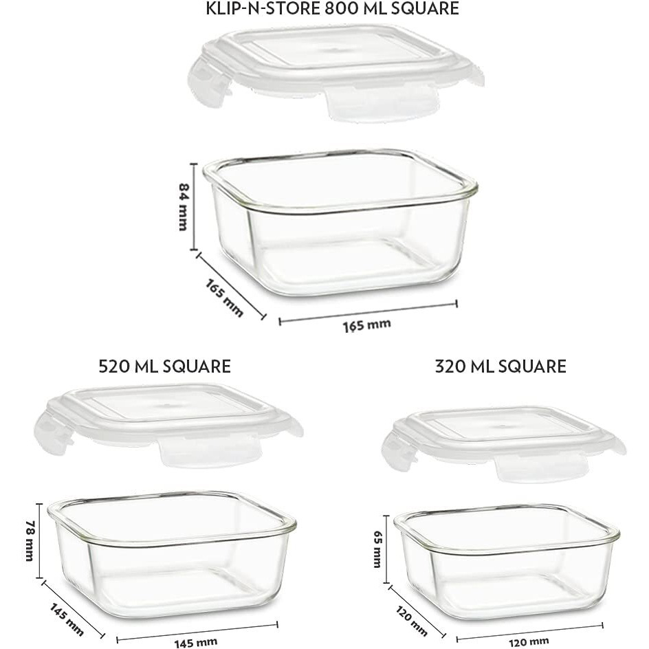 Borosil Glass Container Set, Set of 3 (320ml, 520ml & 800ml), Transparent