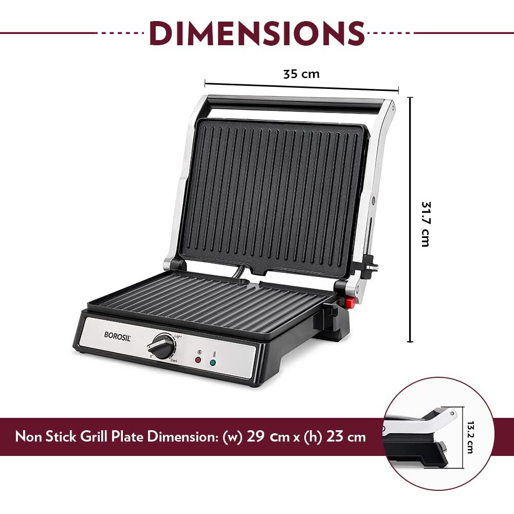 Borosil Super Jumbo 180 Grill Sandwich Maker, Non-toxic non-stick coating, Make 4 Sandwiches, 2000 W