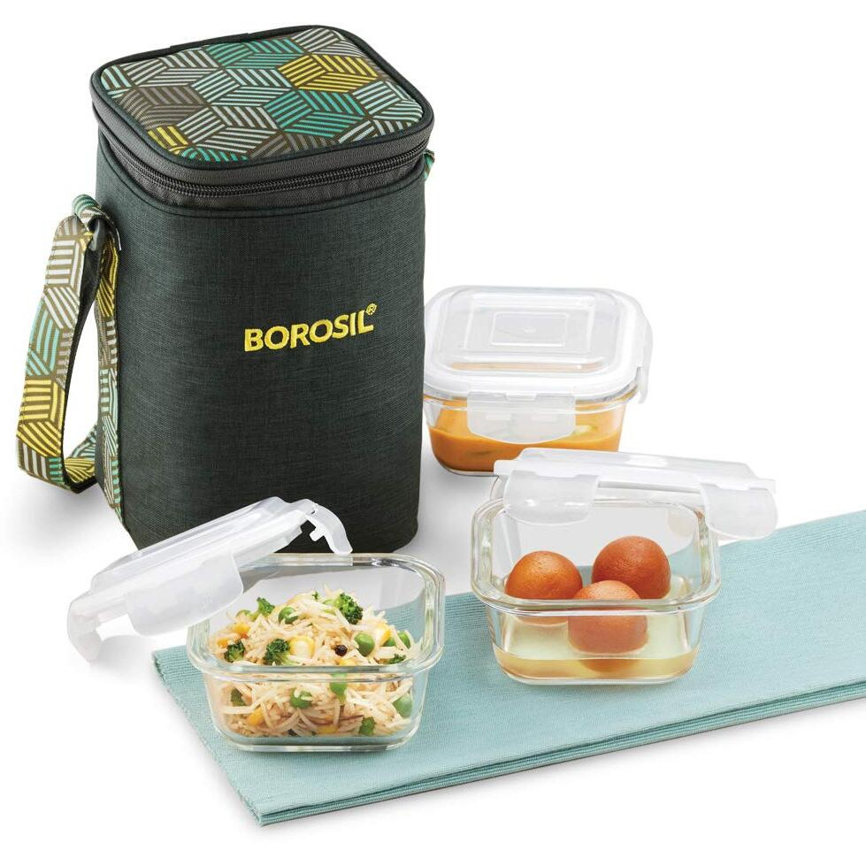 Borosil - Food Luck Glass Lunch Box Set of 3, 320ml, Square, Olive, Microwave Safe Office Tiffin