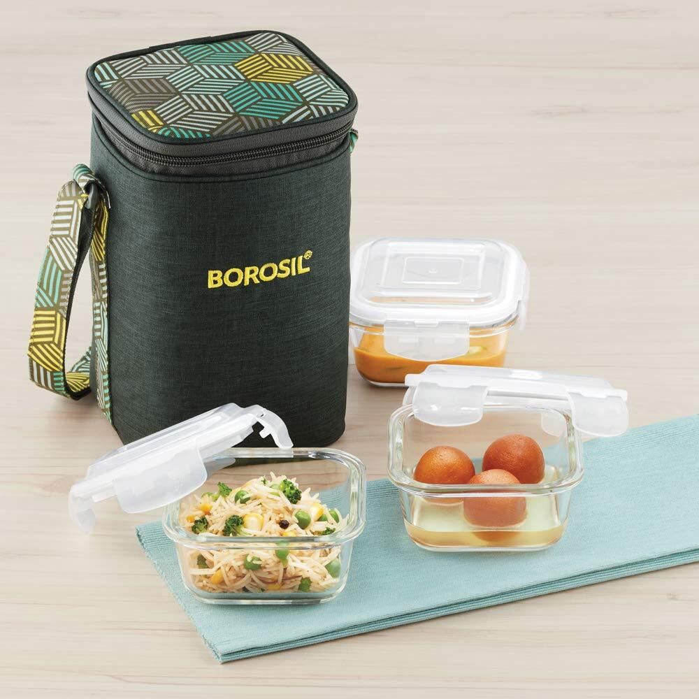 Borosil - Food Luck Glass Lunch Box Set of 3, 320ml, Square, Olive, Microwave Safe Office Tiffin