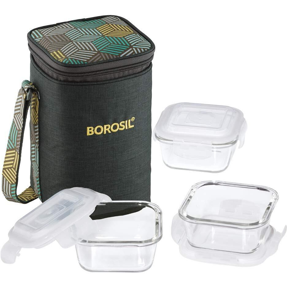 Borosil - Food Luck Glass Lunch Box Set of 3, 320ml, Square, Olive, Microwave Safe Office Tiffin