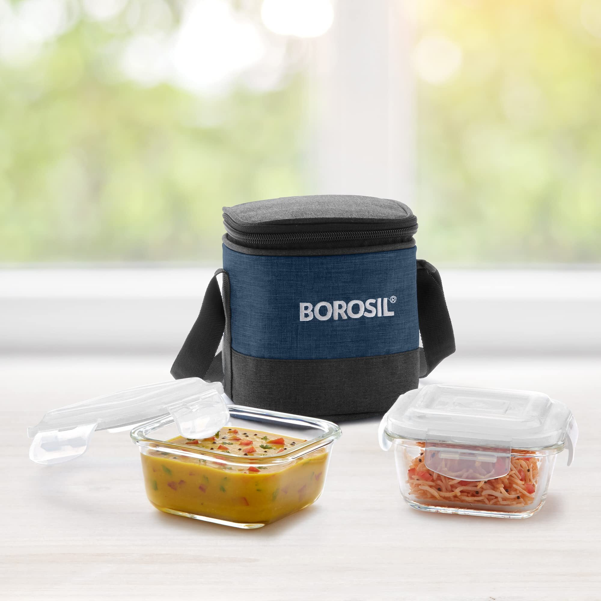 Borosil Elite Borosilicate Glass Lunch Box - Set of 2, 320 ml, Vertical, Break and Chip Resistant, Microwave Safe Office Tiffin