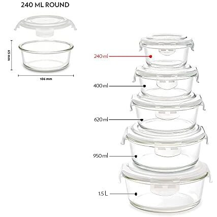 Borosil Klip N Store Glass Storage Containers For Kitchen With Air-Tight Lids, Microwave & Oven Safe, Round, Set of 3 (240 ml each), Clear