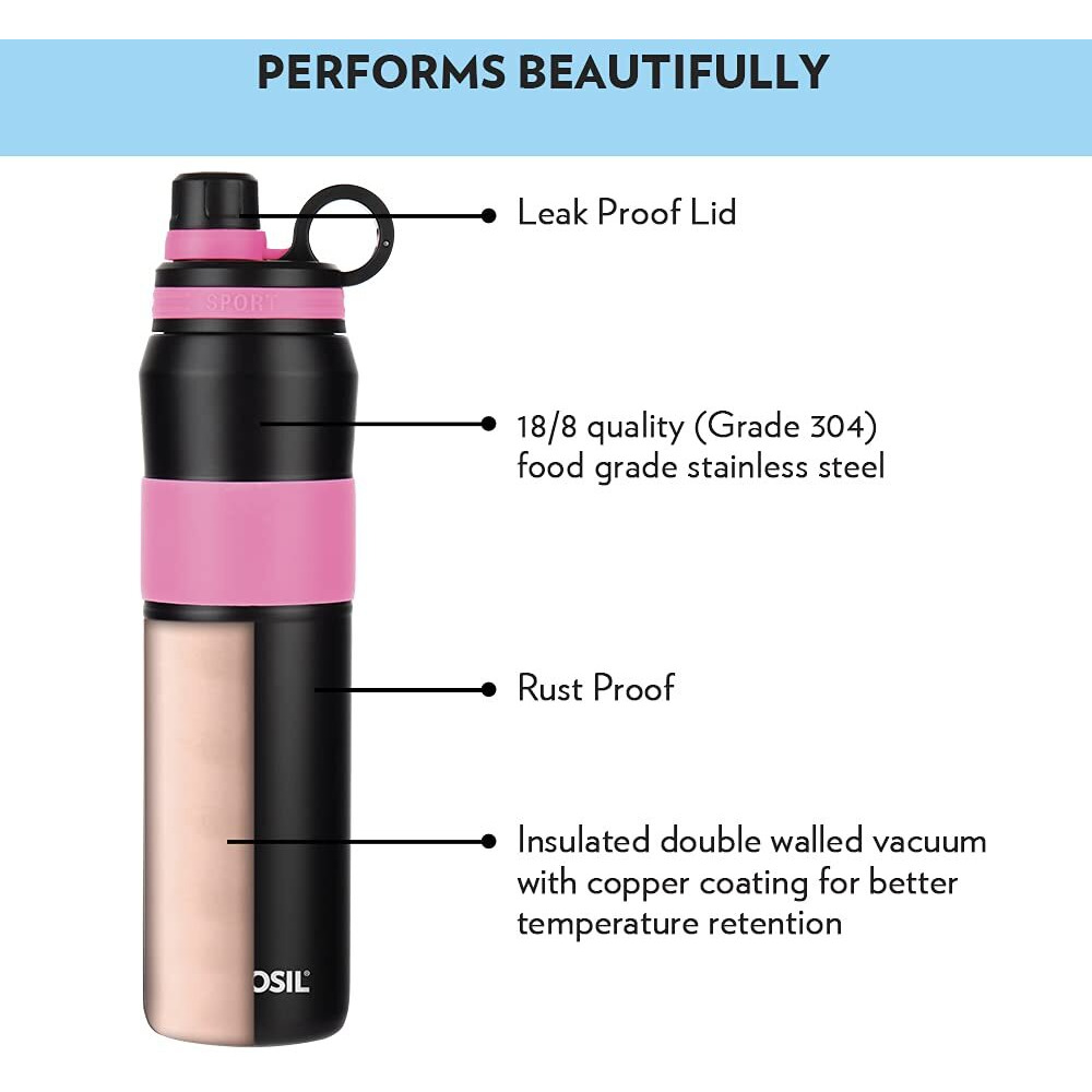 Borosil Hydra Thirst Burst Fuchsia Water Bottle, Stainless Steel Water Bottles, Vacuum Insulated Flask Bottles, 800 ml, Black & Pink