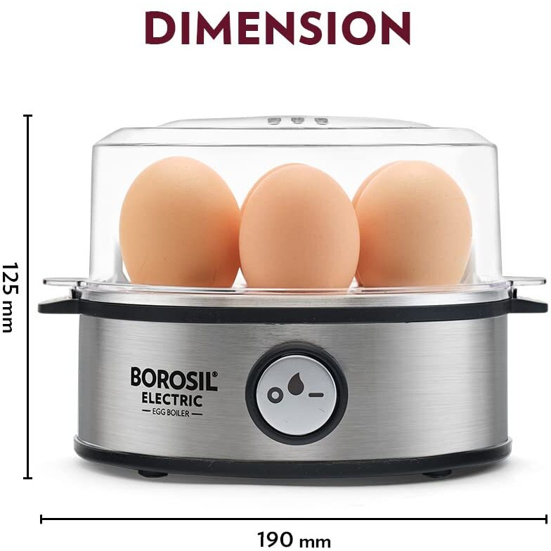 Borosil Electric Egg Boiler, 7 Egg Capacity, For Hard, Soft, Medium Boiled Eggs, Steamed Vegetables, Transparent Lid, Stainless Steel Exterior