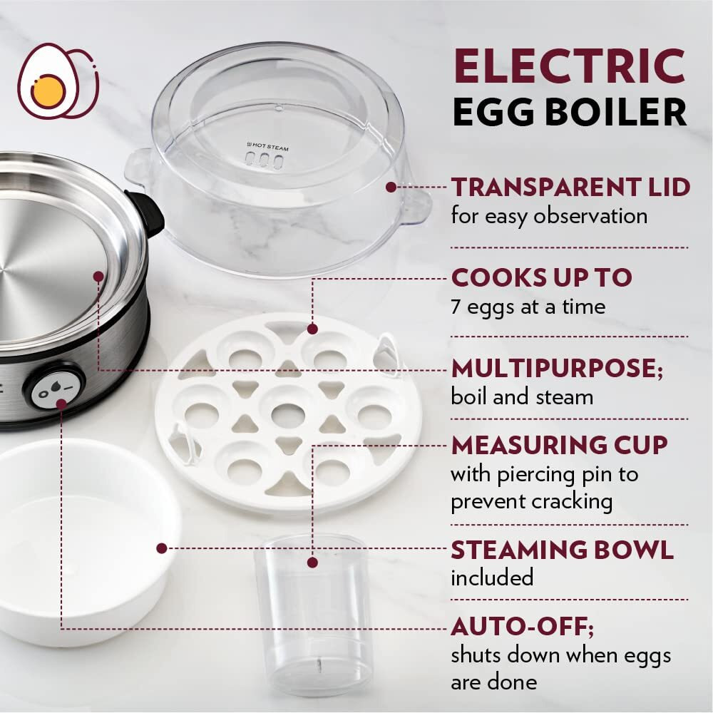 Borosil Electric Egg Boiler, 7 Egg Capacity, For Hard, Soft, Medium Boiled Eggs, Steamed Vegetables, Transparent Lid, Stainless Steel Exterior