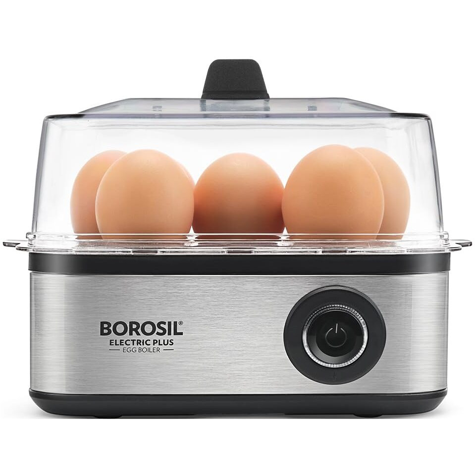 Borosil Electric Plus Egg Boiler, Boil Upto 8 Eggs At A Time, For Hard, Soft, Medium Boiled Eggs, Steamed Vegetables, Transparent Lid, Stainless Steel Exterior