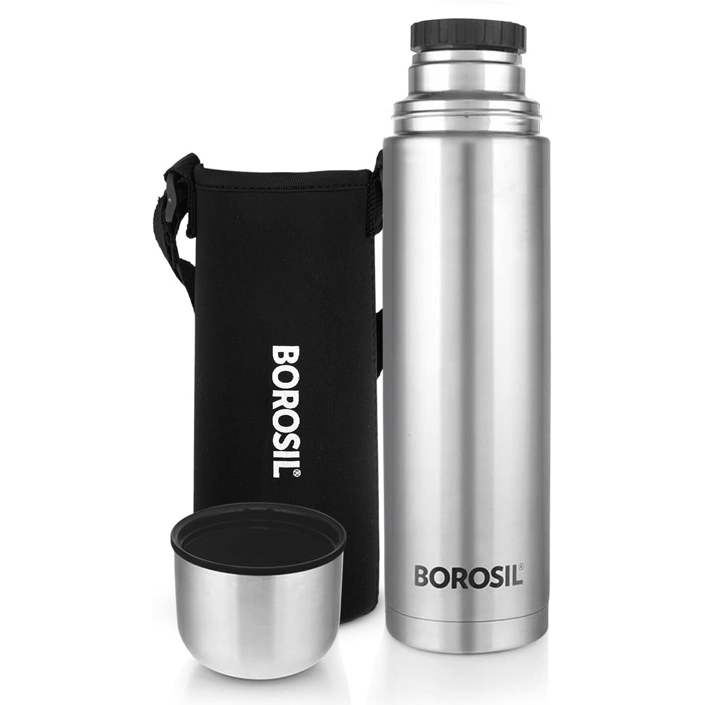 Borosil Hydra Thermo 1000 ml Stainless Steel Water Bottle with Bag | Double Wall Vacuum Insulated Flask | 24 Hours Hot and Cold | Bottle for Office, Gym, School & College | 1 Year Warranty, Black