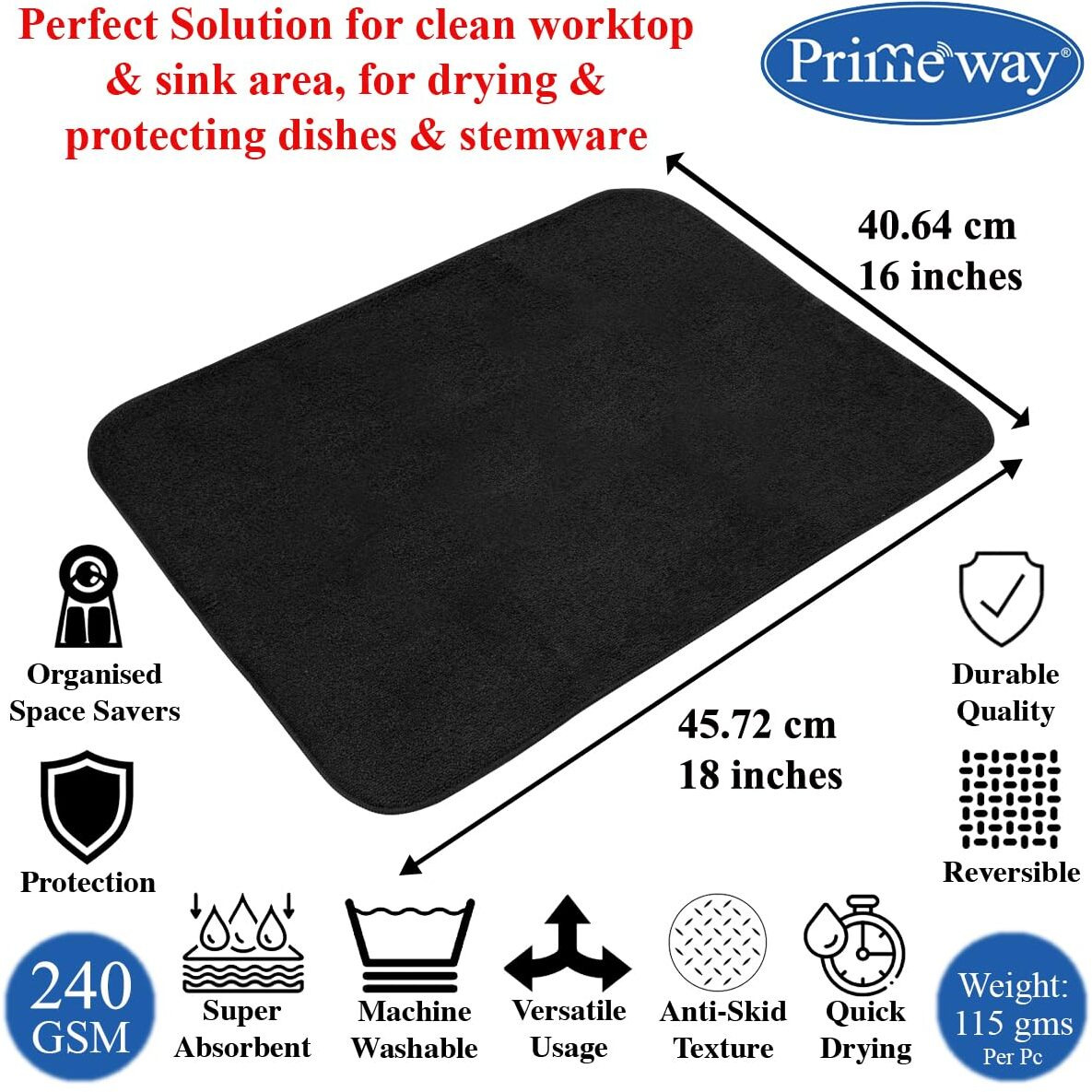 Primeway Microfibre Polyester Extremely Absorbent Anti-Slip Dish Drying Mat, Black (40x45cm)