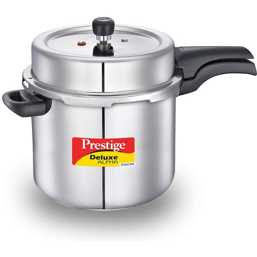 Prestige 10 Litres Svachh Deluxe Alpha Induction Base Outer Lid Stainless Steel Pressure Cooker | Deep lid controls spillage | Silver | Pressure Indicator | Controlled Gasket-release system