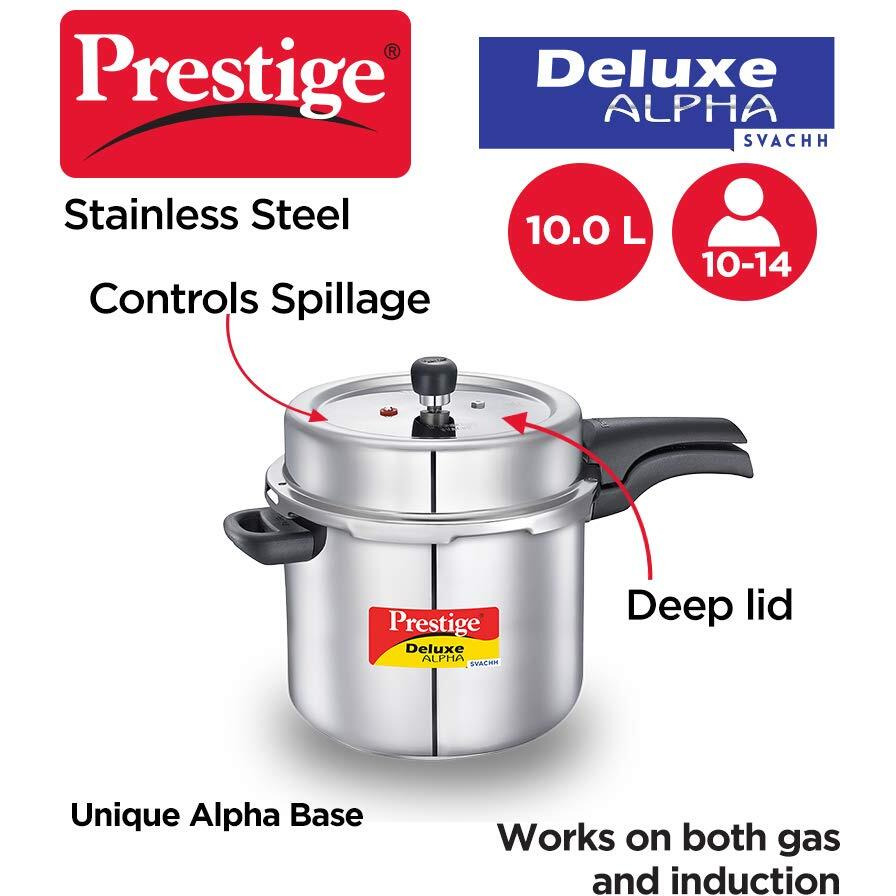 Prestige 10 Litres Svachh Deluxe Alpha Induction Base Outer Lid Stainless Steel Pressure Cooker | Deep lid controls spillage | Silver | Pressure Indicator | Controlled Gasket-release system