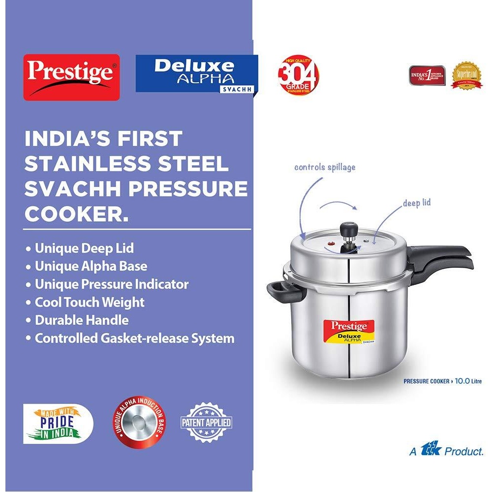 Prestige 10 Litres Svachh Deluxe Alpha Induction Base Outer Lid Stainless Steel Pressure Cooker | Deep lid controls spillage | Silver | Pressure Indicator | Controlled Gasket-release system