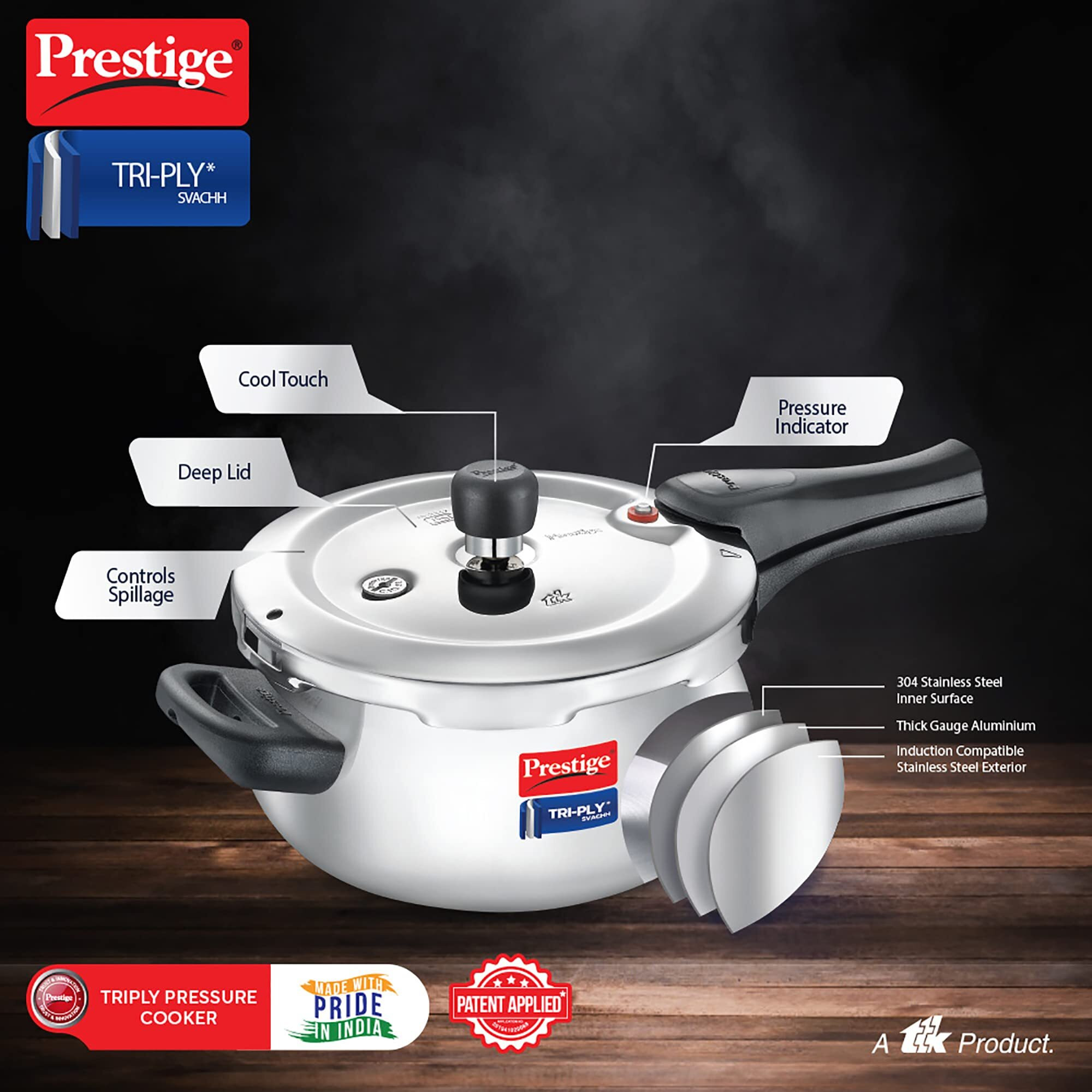 Prestige 3 Litre Svachh Tri-Ply handi pressure cooker(outer lid)|Deep Lid for spillage control|Metallic Safety Plus|5 years warranty