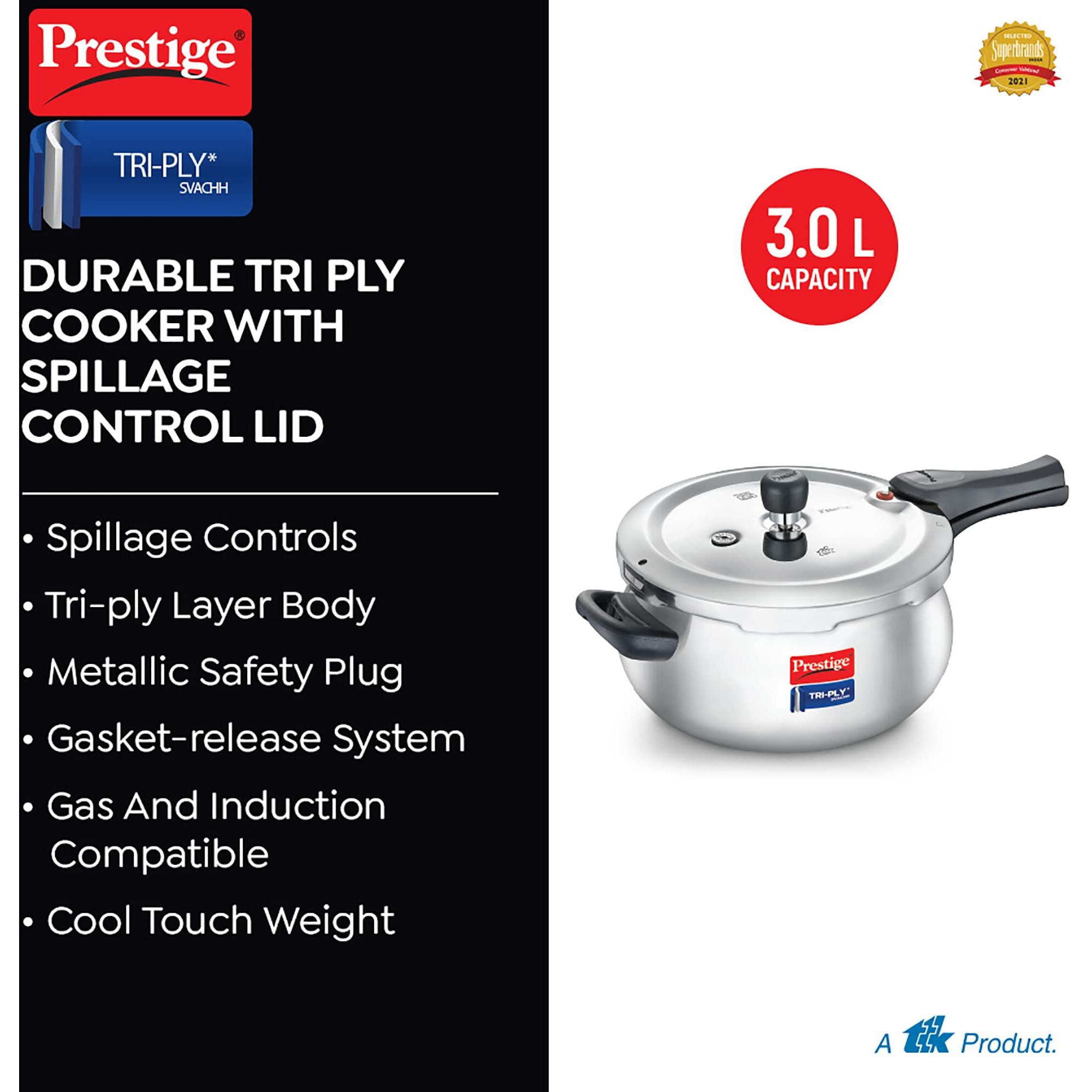 Prestige 3 Litre Svachh Tri-Ply handi pressure cooker(outer lid)|Deep Lid for spillage control|Metallic Safety Plus|5 years warranty