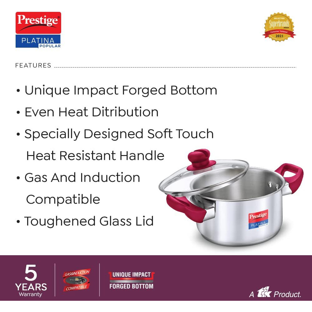 Prestige Platina Popular Stainless Steel Gas and Induction Compatible Casserole with Glass Lid, 260 mm, 7.25 litre