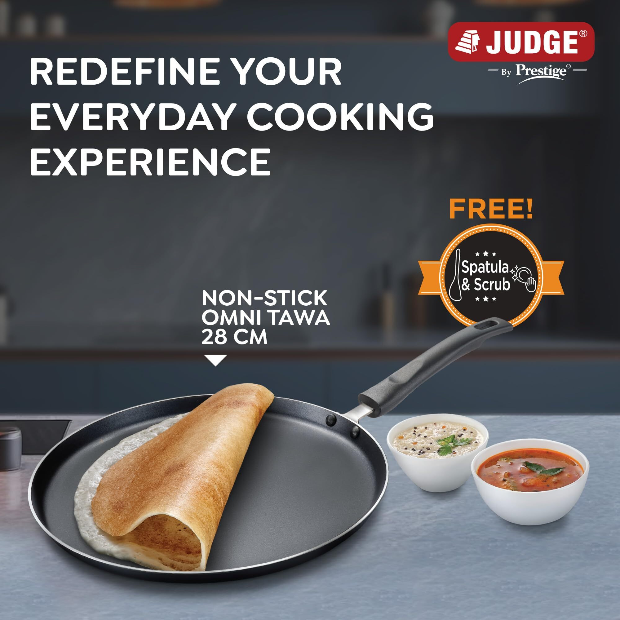 Judge by Prestige 28cm Everyday Non-Stick Tawa (Aluminium) | Low Oil Cooking | Easy to Clean |Cool Touch Handle