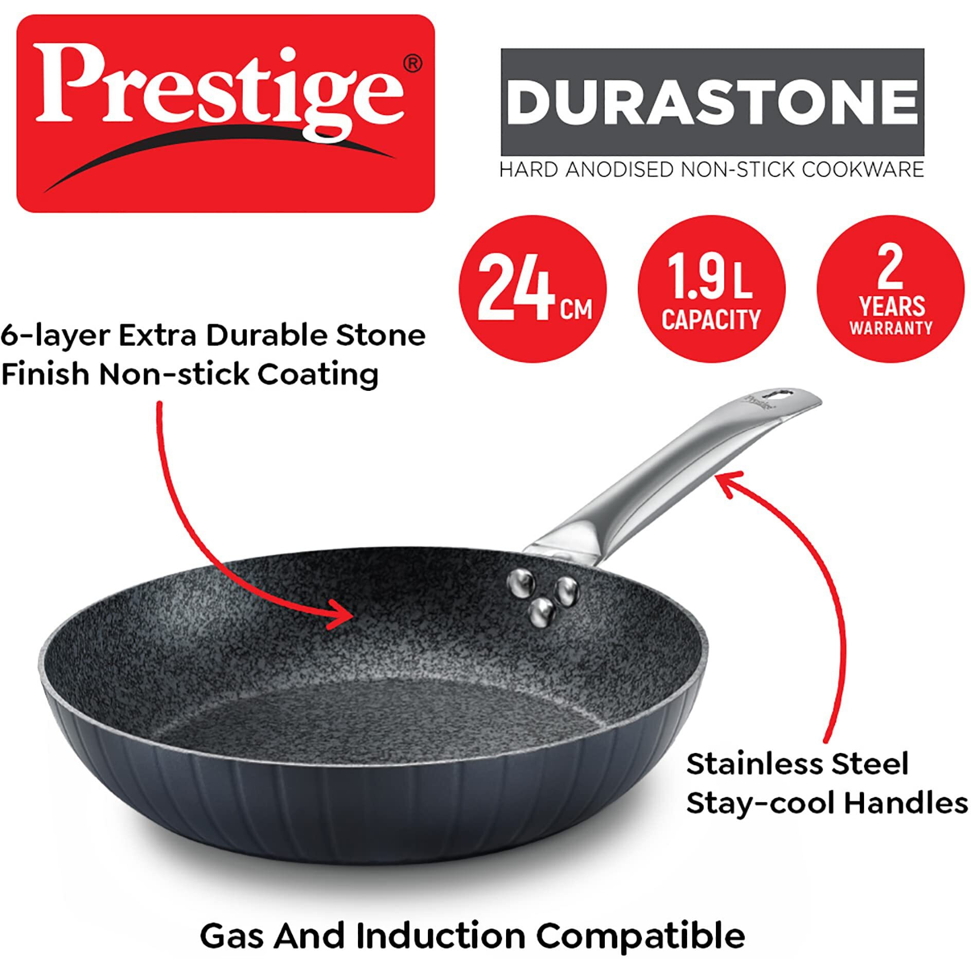 Prestige Durastone Hard Anodised 6 Layer Non-Stick Fry Pan 24 cm, 1.9 litre|Black|Non-Stick Coating|Stainless Steel Stay Cool Handles|Induction & Gas Compatible|2 Years Warranty