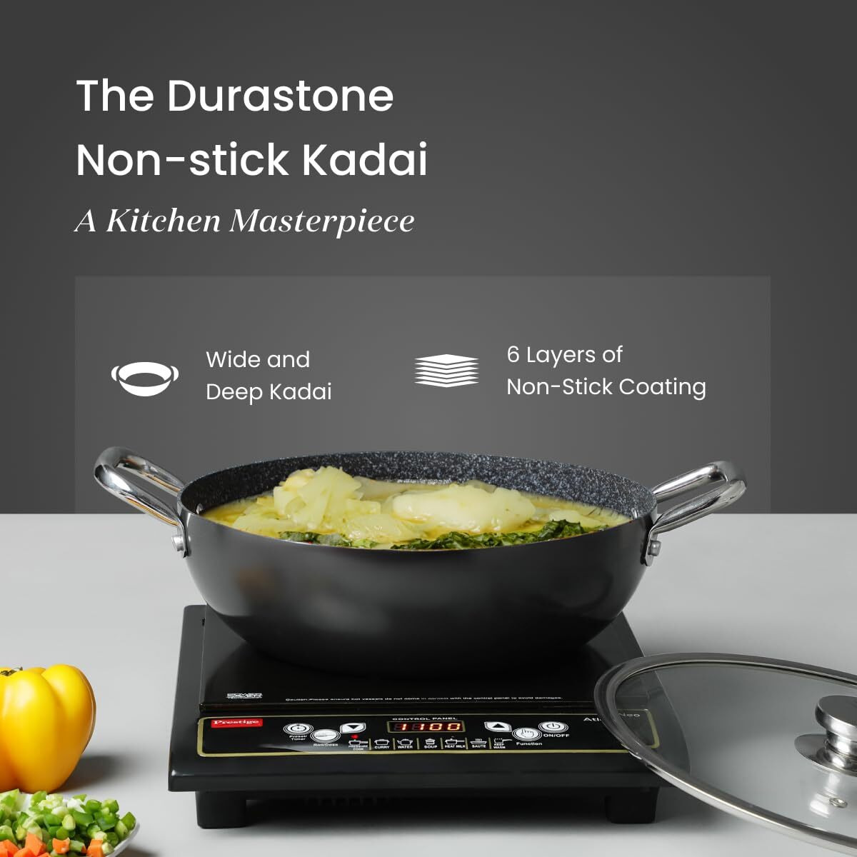 Prestige 4.23L Durastone hard anodised non-stick kadai(28cm) with glass lid|6 layers extra durable stone finish|No harmful chemicals|Gas & Induction compatible|SS Stay cool handles|2 years warranty