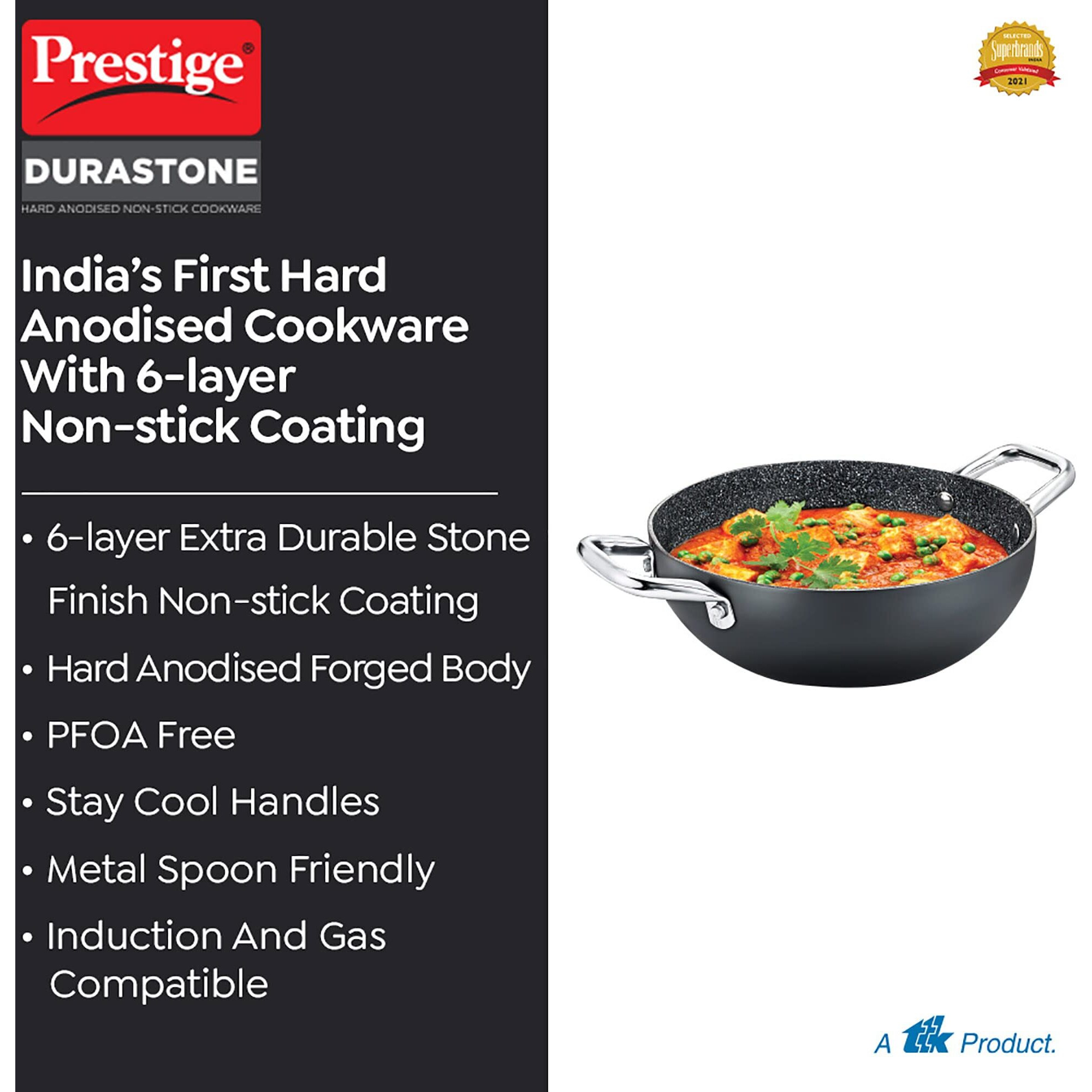 Prestige Durastone Hard Anodised 5L Non-Stick deep Kadai 30cm with Glass lid|6 Layers Extra Durable Stone Finish|Gas & Induction Compatible|SS Stay Cool Handles