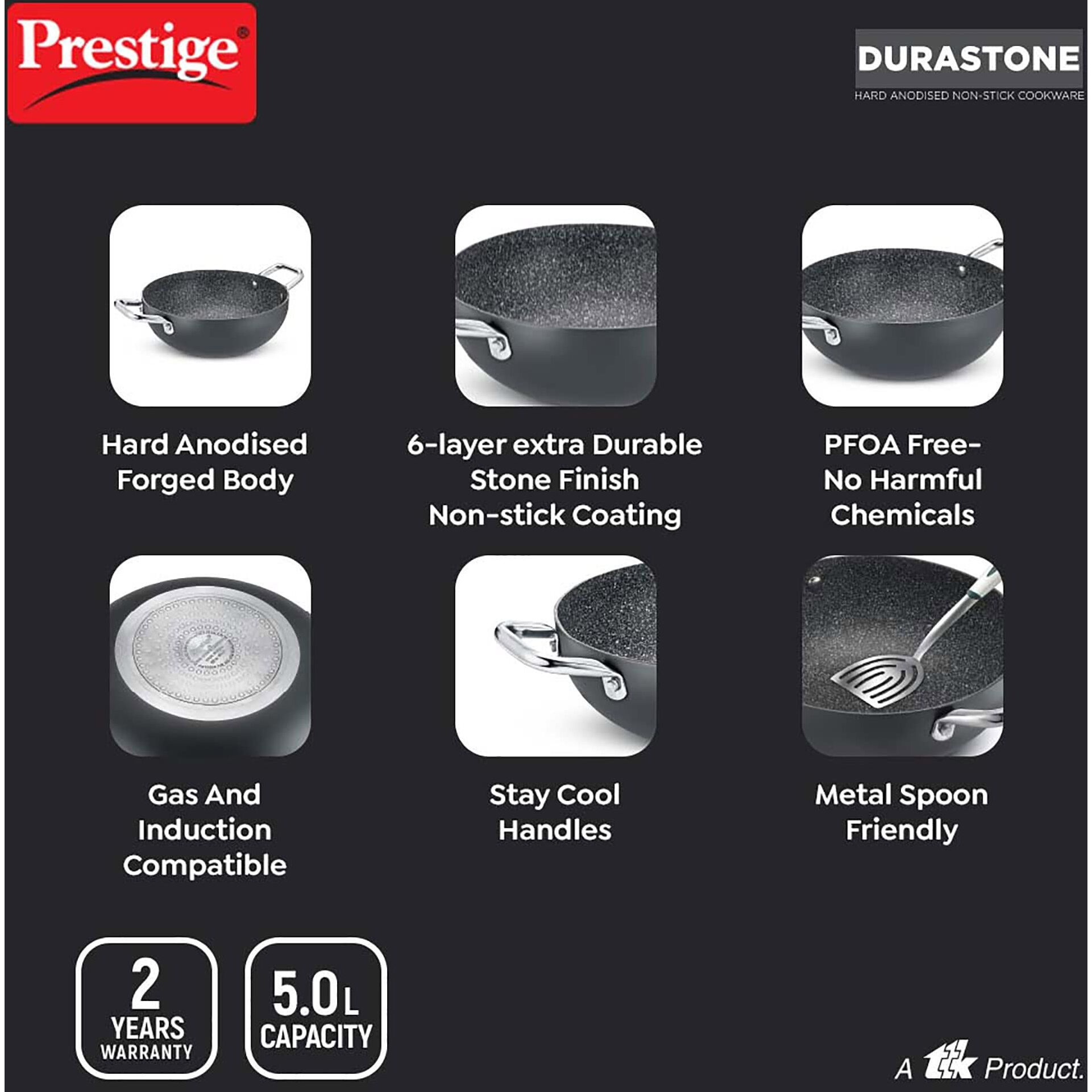 Prestige Durastone Hard Anodised 5L Non-Stick deep Kadai 30cm with Glass lid|6 Layers Extra Durable Stone Finish|Gas & Induction Compatible|SS Stay Cool Handles