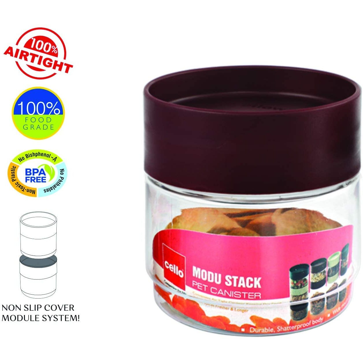 CELLO Modustack Stackable Container Set | PET Plastic Jar with Air Tight Lid | For Storage of Food, Pulses, Spice, Cereals, Cookies, Dry Food | 500ml | Set of 6, Maroon